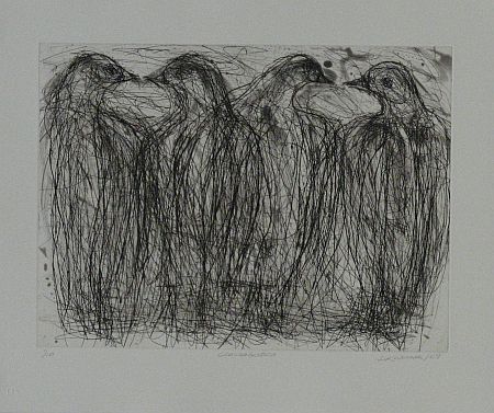 Click the image for a view of: David Koloane. Conversation. 2009. Etching, drypoint. 423X510mm